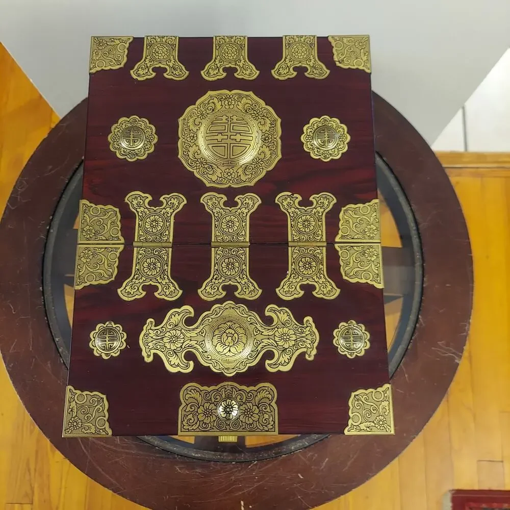 Antique c1920 Rosewood and Brass Chinese Mirror Box with Laquered Finish